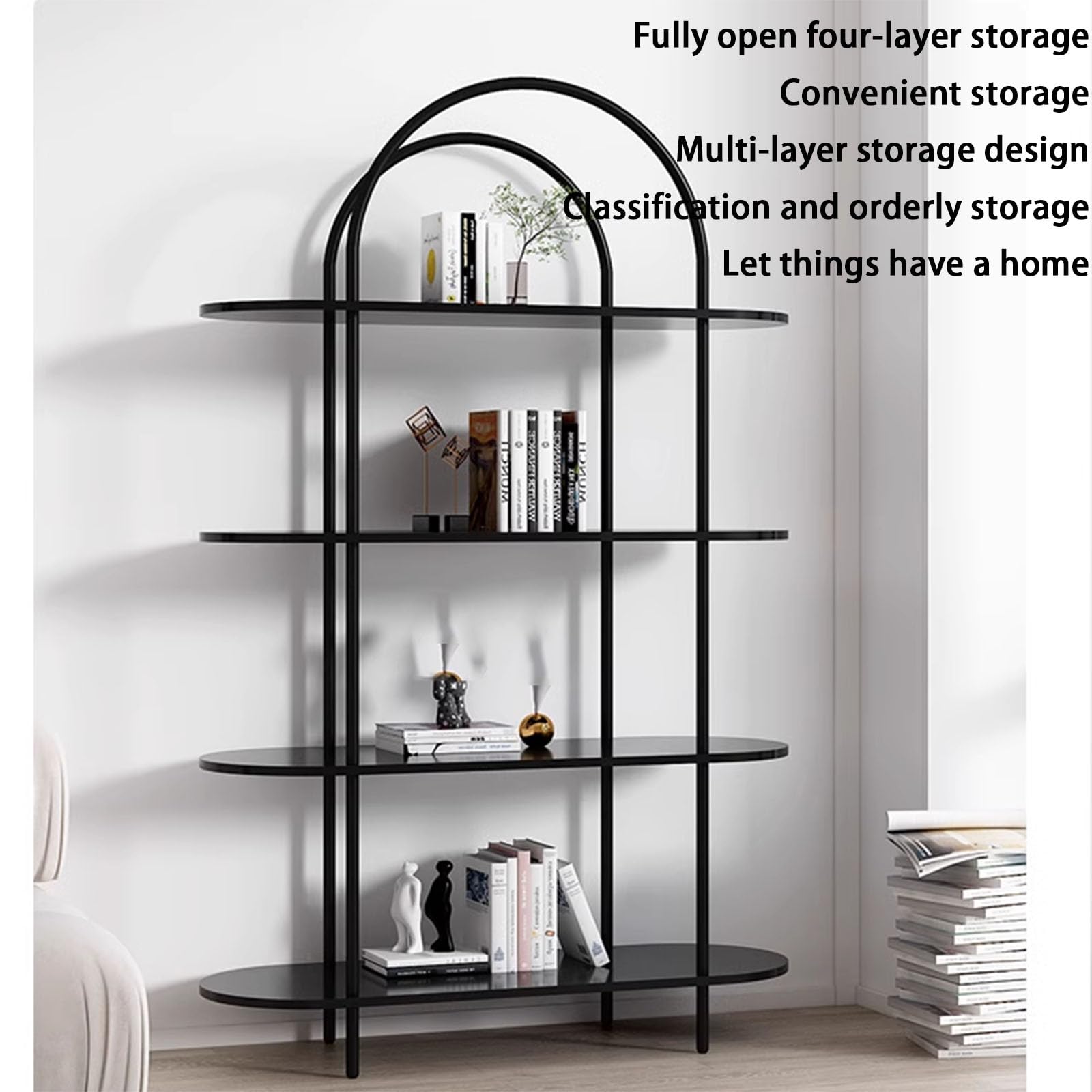 Amazon｜シンプルな本棚、アーチ型のリビングルームの棚、床から天井